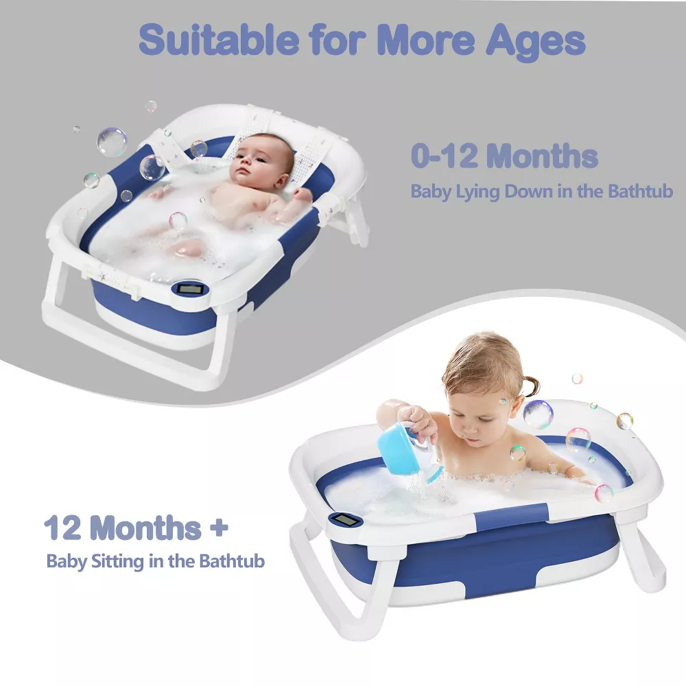 Tumajup Foldable Baby ‎Bathtub PP+TPE with Soft Bath Net&Thermometer for 0-36 Months Toddler Blue
