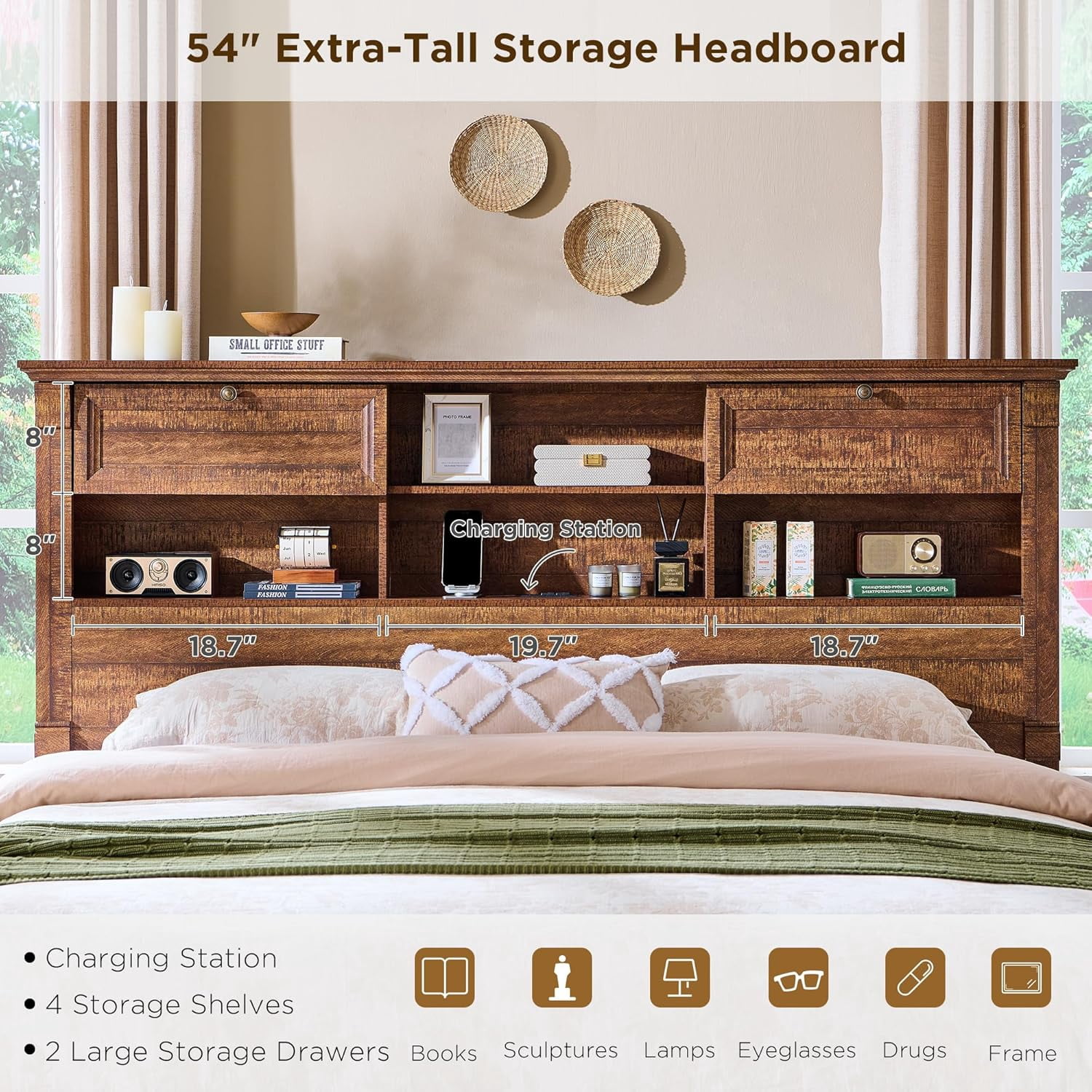 KeyWhat Farmhouse Queen Size Bed Frame with 54" Tall Storage Bookcase Headboard, Wood Platform Bed Frame with 2 Drawers, No Box Spring Needed, Reclaimed Barnwood