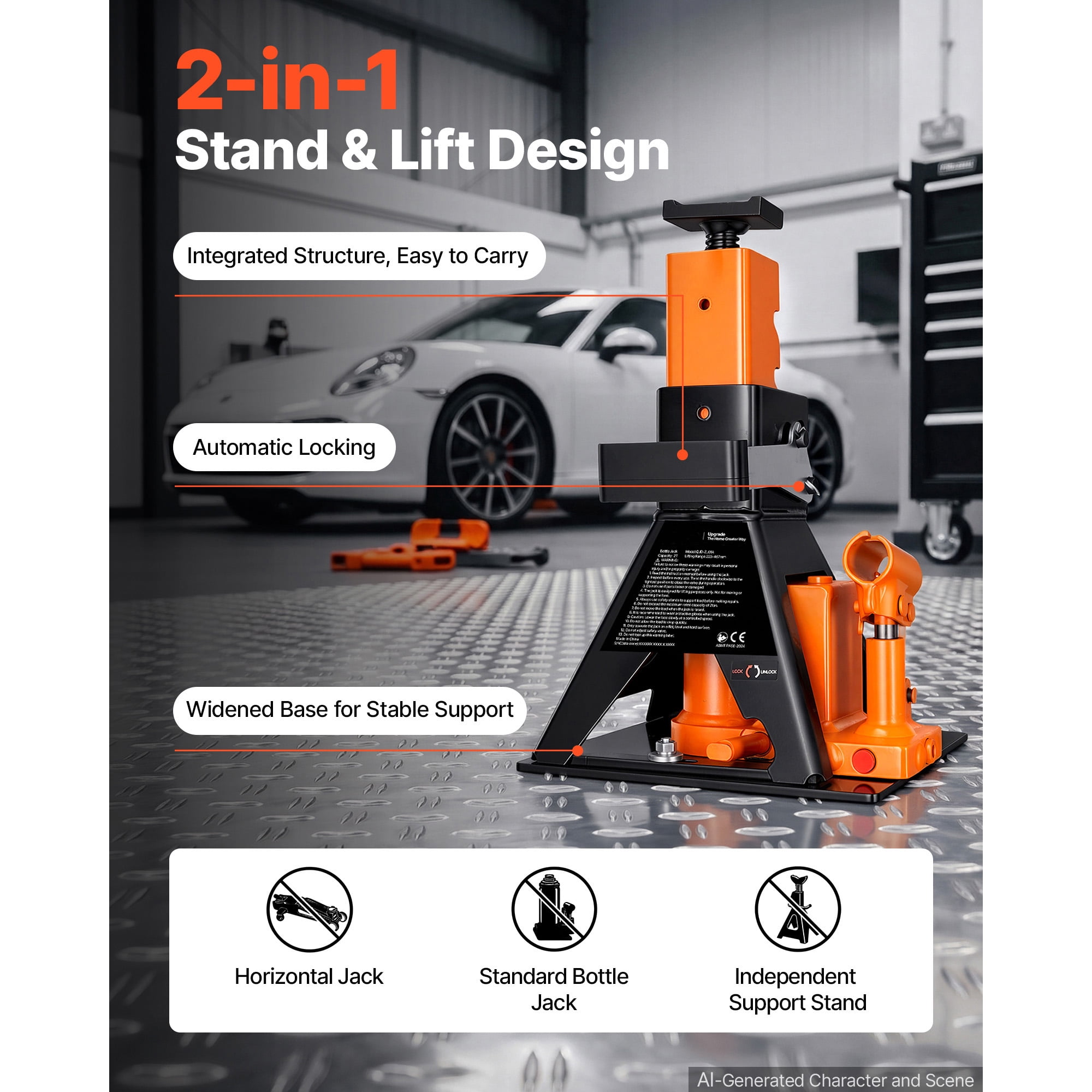 KFFKFF Hydraulic Bottle Jack and Stand Combo,2-Ton Capacity , Suitable for Compact Cars, Subcompact Cars, and Motorcycles, Lifting Range: 8.78"-18.39", Durable Vehicle Support with Stable Base