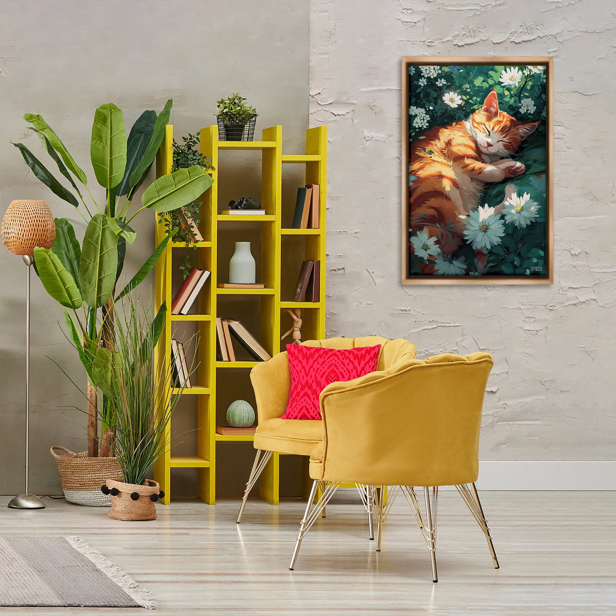 Stupell Industries Cat Sleeping in Meadow Animals & Insects Painting Brown Floater Framed Canvas Art Print Wall Art, 21 x 31