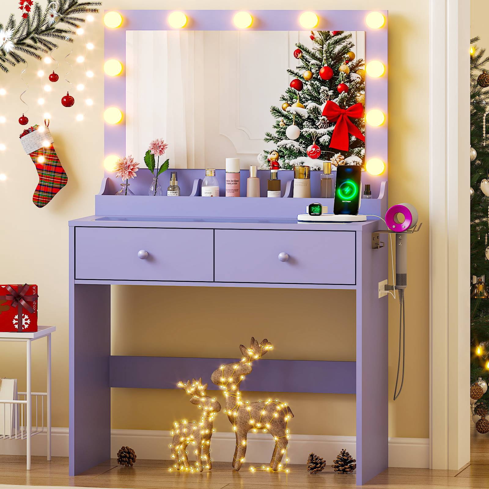 Ktaxon Get Ready with Me GRWM Makeup Vanity Desk with Lighted Mirror, Dressing Table W/Charging Station & Hair Dryer Rack,Sophia Purple
