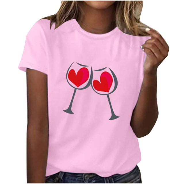 Diufon Hauts de la Saint-Valentin pour Femmes Décontracté Manches Courtes Col Rond Pull Chemise Imprimé Graphique Mignon Tendance