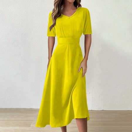 Cyinyin Dresses for Women 2024 V Neck Tube Short Sleeve Fashion Graduation Dress Flowy Midi Midi Dresses for Women 2024 Loose Soild Color High Waist Womens Dresses Yellow S