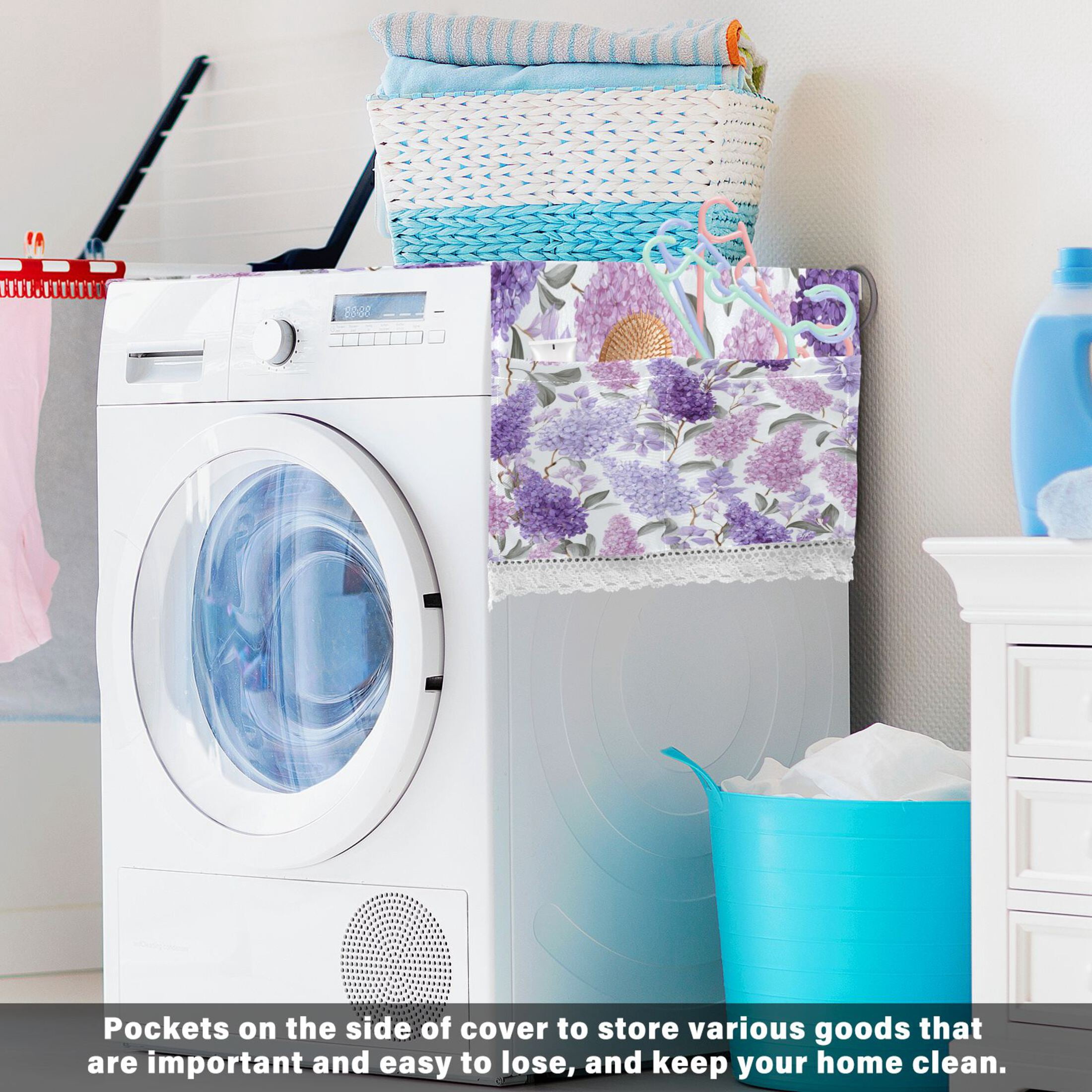 Wobogo Lavender Washing Machine Cover Dustproof Washer Dryer Cover Waterproof Laundry Room Decorative Protector