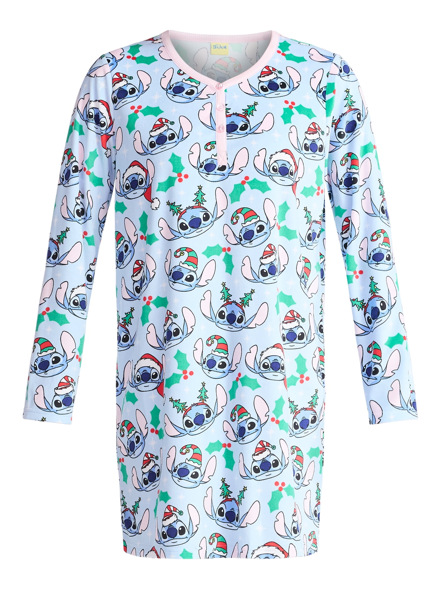 Disney Women's and Women's Plus Stitch Christmas Print Henley Sleepshirt and Plush Socks Set, 2-Piece, Sizes XS-3X
