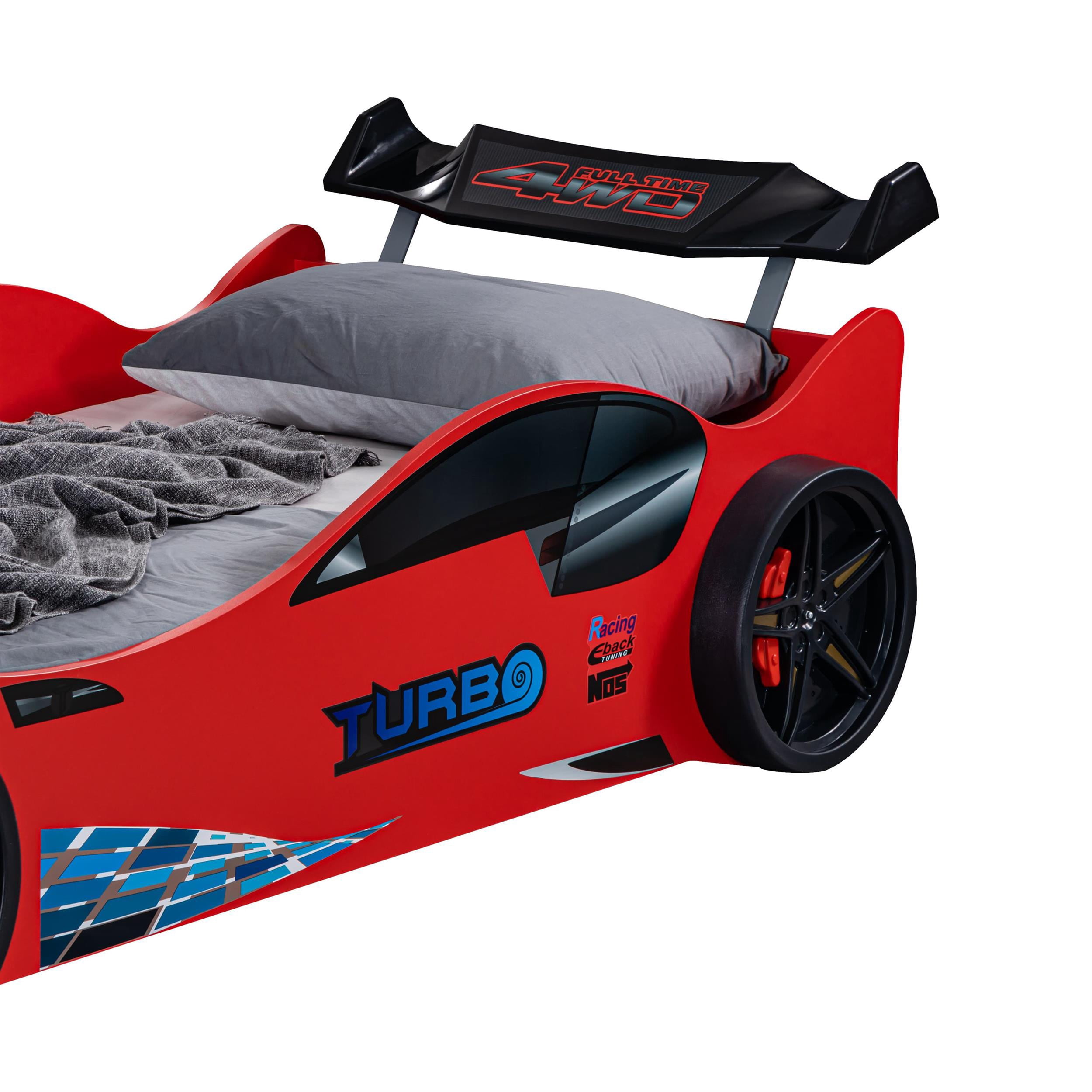 Furniture of America Jorix Wood Race Car Design Twin Kid Bed with LED in Red