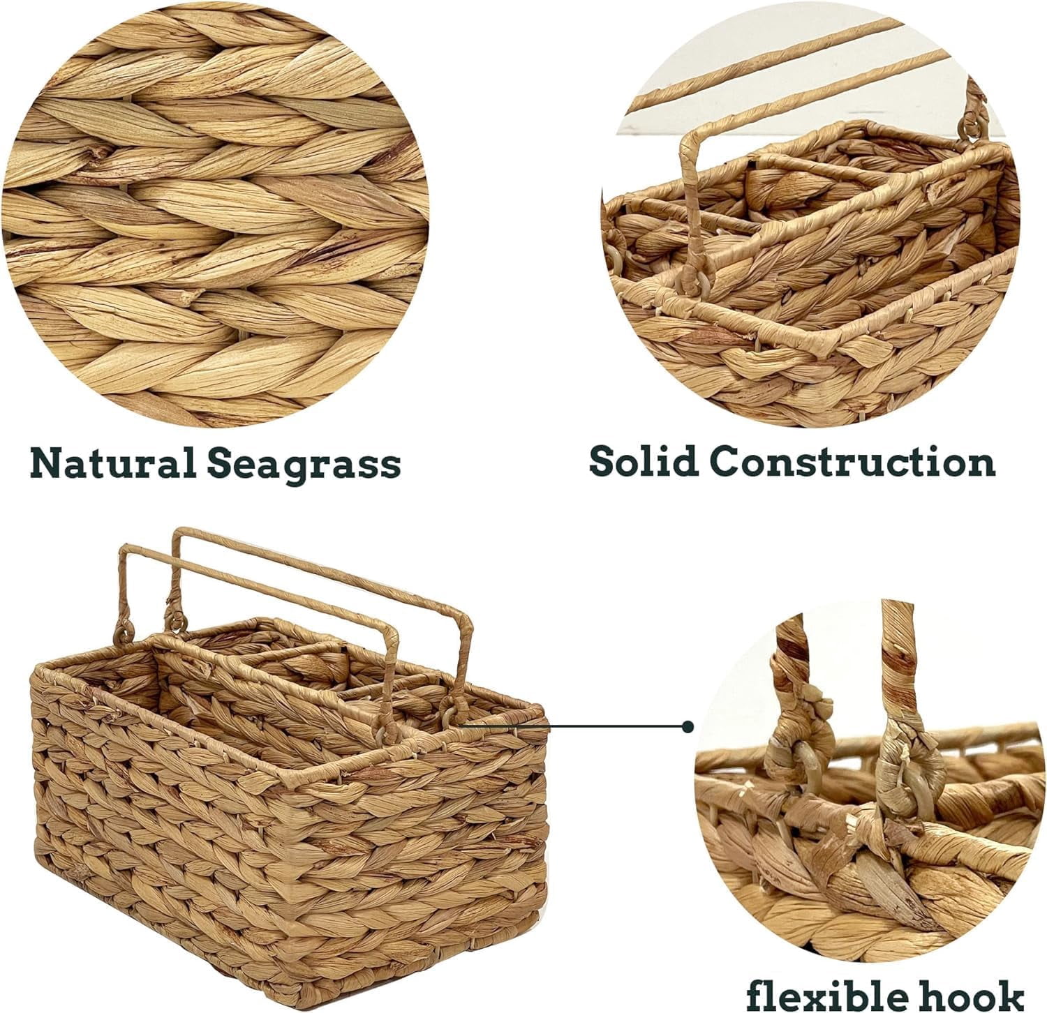 Water Hyacinth Wicker Utensil Caddy Carrier | Water Hyacinth Woven Divided Cutlery Holder for Table - Kitchen Set Counter Top Organizer
