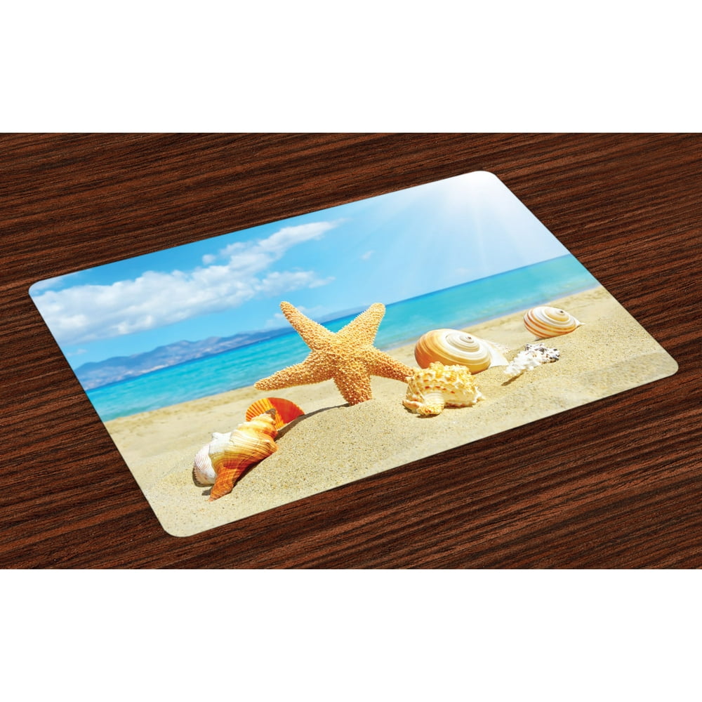 Seashells Placemats Set of 4 Summer Beach Theme and Sand with Rays in