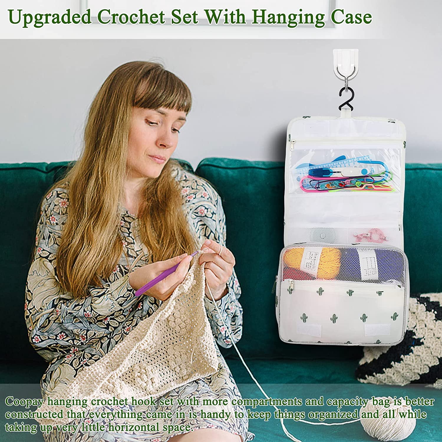 Wiher Upgraded Hanging Crochet Kit Beginners, 63PCS Crochet Hook Set with Crochet Book, Crochet Set with 8 Yarn for Crocheting, Crochet Hooks Ergonomic Soft Grip & Knitting Crochet Supplies, White