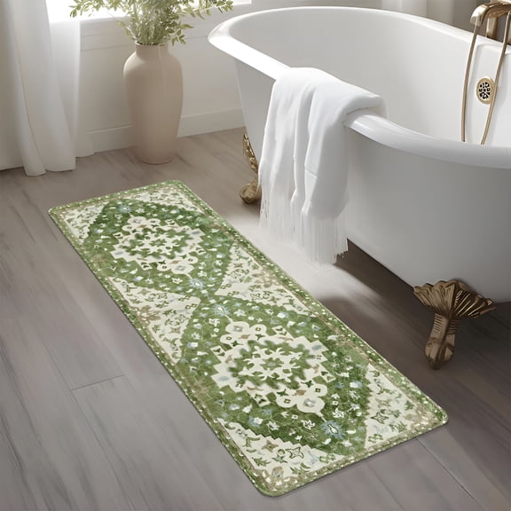 RLESO Boho Retro Bathroom Runner Sage Green Non-Slip Soft Long Bathroom Rugs Runner Oriental Tribal Machine Washable Bath Mat Farmhouse Cute Floral Bath Rug for Sink Tub Kids Room,18X47 Inch