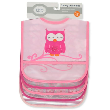 Luvable Friends Baby Girl Waterproof PEVA Bibs 5pk, Pink Owl, One Size