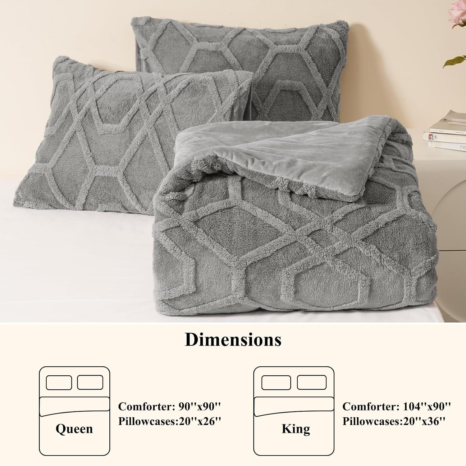 PHF Warm Sherpa Fleece King Comforter Set, 3D Tufted Fluffy Grey Bedding for Winter, Soft 2 Pieces Shaggy Bed Set, 1 Comforter (104"x90") and 2 Pillowcases (20"x36")