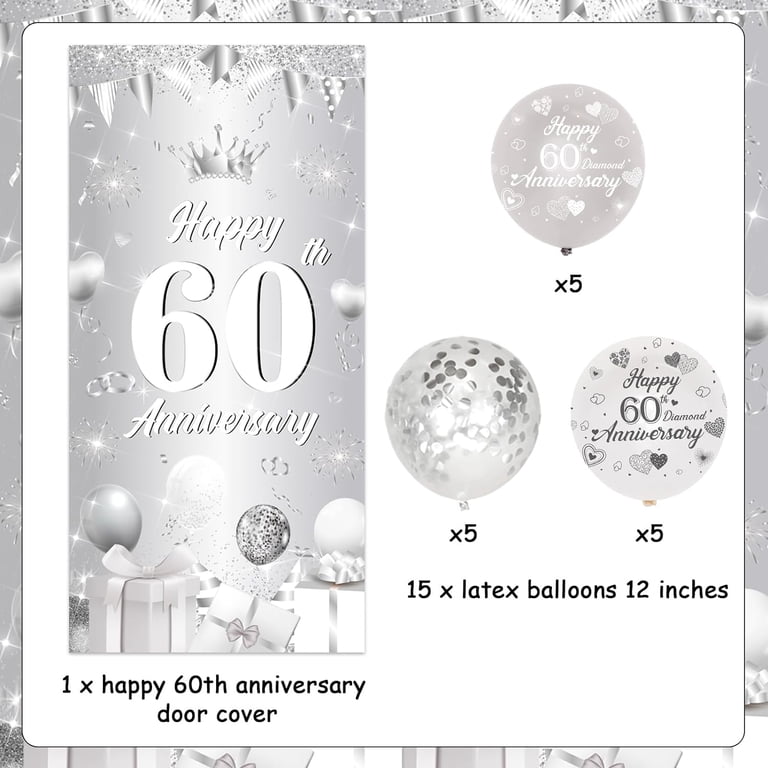 Cheereveal Diamant Bruiloft Decoratie - Happy Zum 60 Diamanten Banner, Zilveren Nummer 60 Folieballonnen, Wimpel Vlag, Tafel Confetti - 60e Feestbenodigdheden voor Paar