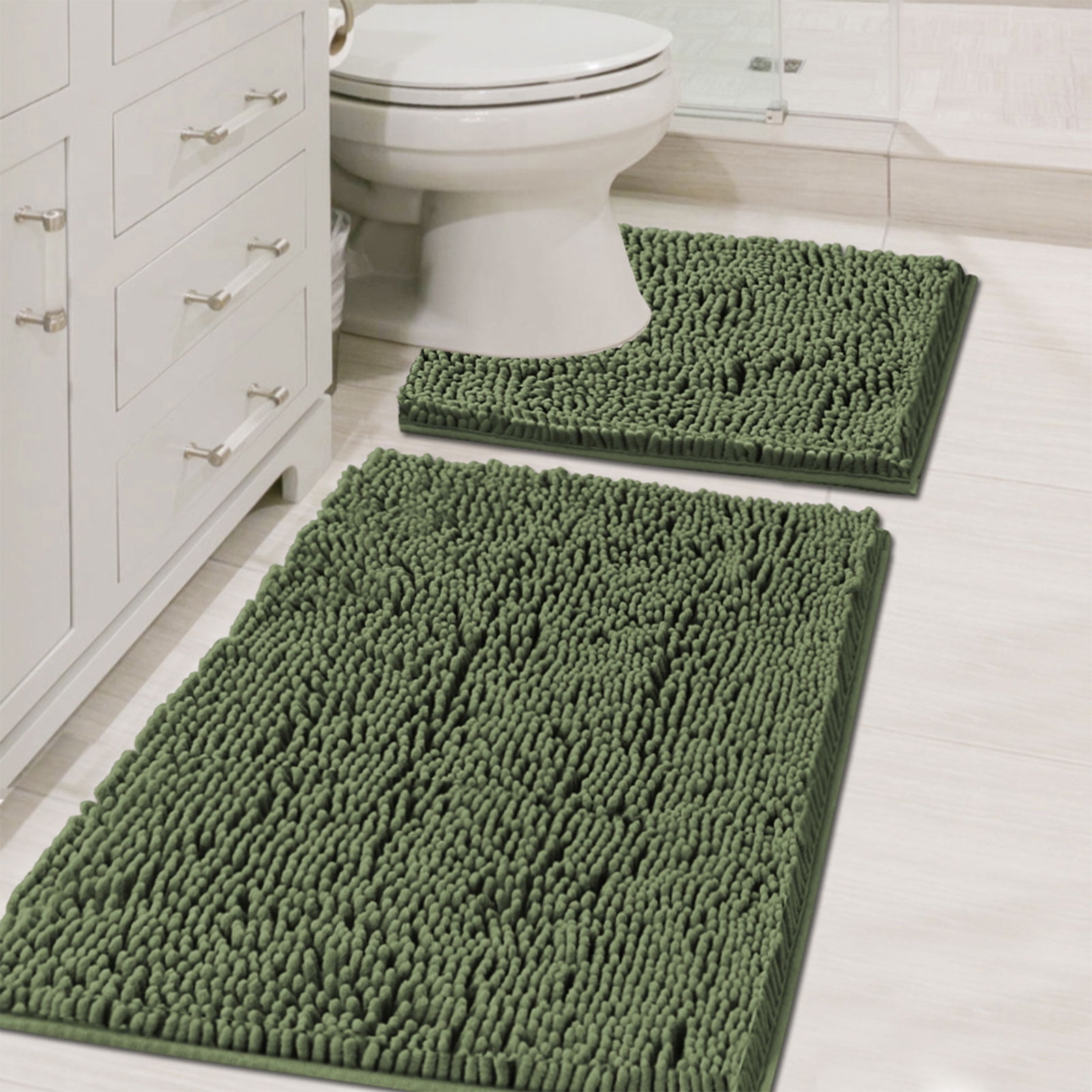 Tripumer  Bathroom Rugs Sets 2 Piece Chenille Bathroom Mat Sets Shaggy Microfiber Rugs Sets Bathroom Mats for Bathroom Extra Soft Absorbent Olive Green