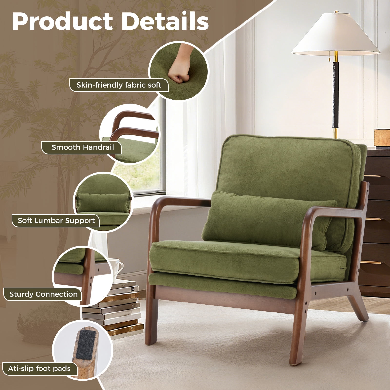 Mid-Century Modern Accent Chair with Arms and Waist Cushion, Solid Wooden Frame