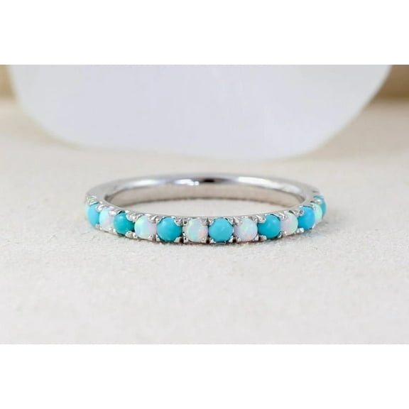 2mm Round Opal & Blue Turquoise 925 Sterling Silver Eternity Valentines Day Gifts Ring
