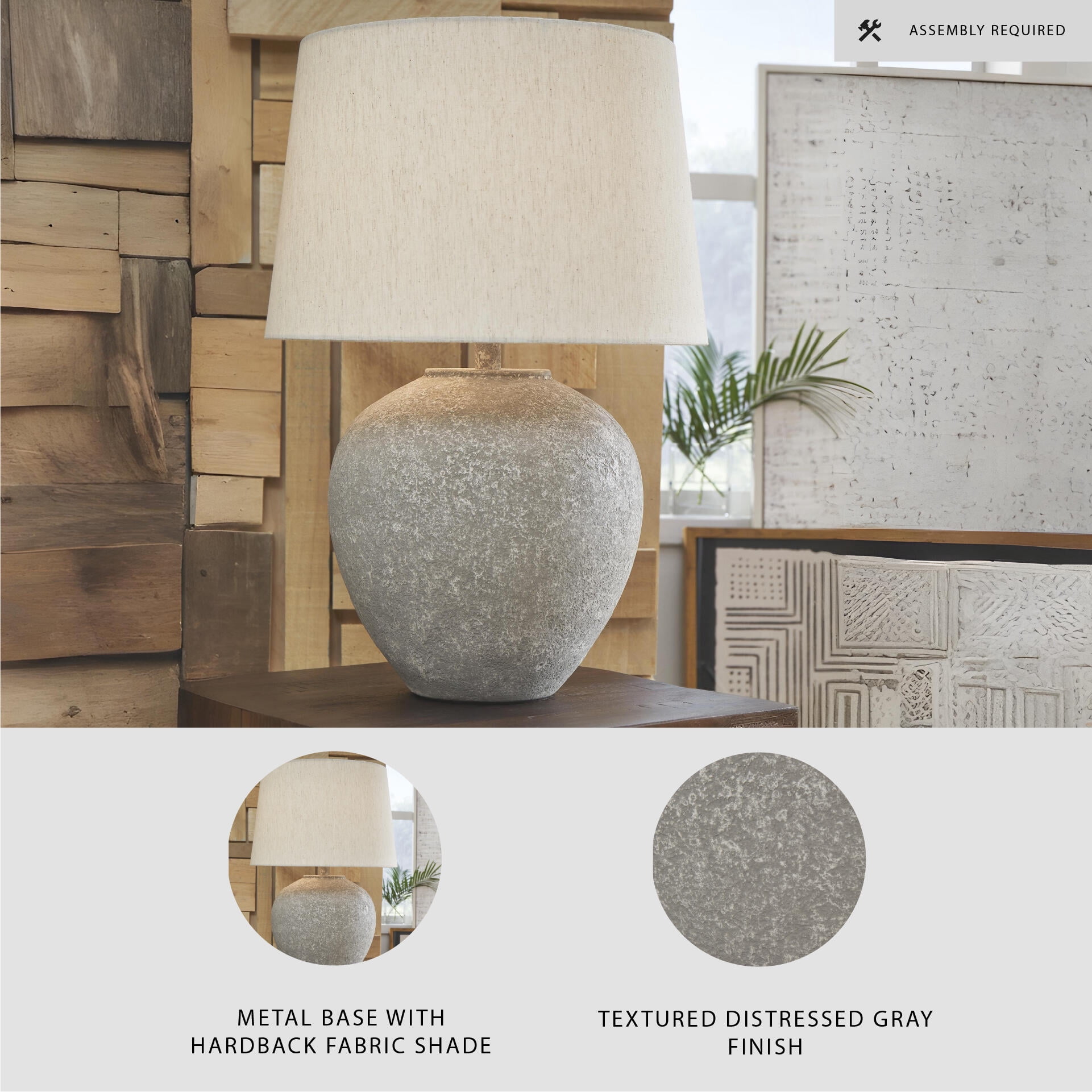 Signature Design by Ashley Dreward Metal Table Lamp, Distressed Gray, Modern Drum Shade, 3-Way Switch