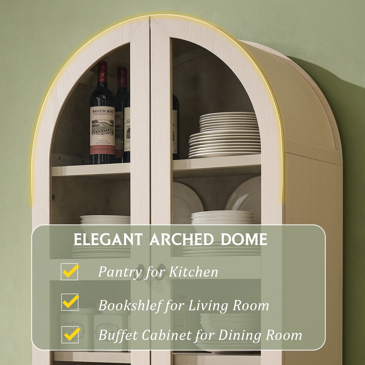 SinCiDo Arched Kitchen Pantry Storage Cabinet, 71" Tall Wood Pantry Shelves with 2 Doors & 2 Large Drawers for Dining Room Living Room