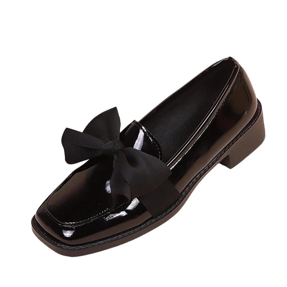 ZACPNCV Women's Square Toe Bow Loafls Spring Slip On Flats Patent Leather Comfortable Casual Shoes Vintage
