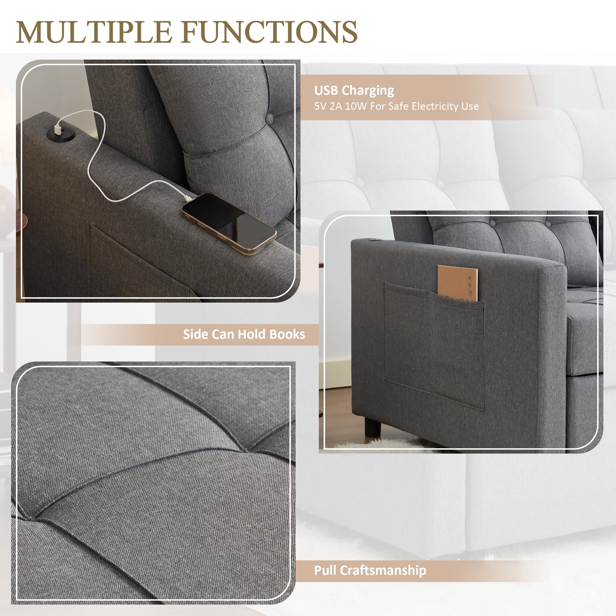 LAKPS 52" Linen 3-in-1 Convertible Sleeper Sofa with Pull-Out Bed, Stepless Adjustable Backrest & Side Pocket - for Family, Living Room, Dorm, Apartment, Linen, Light Grey