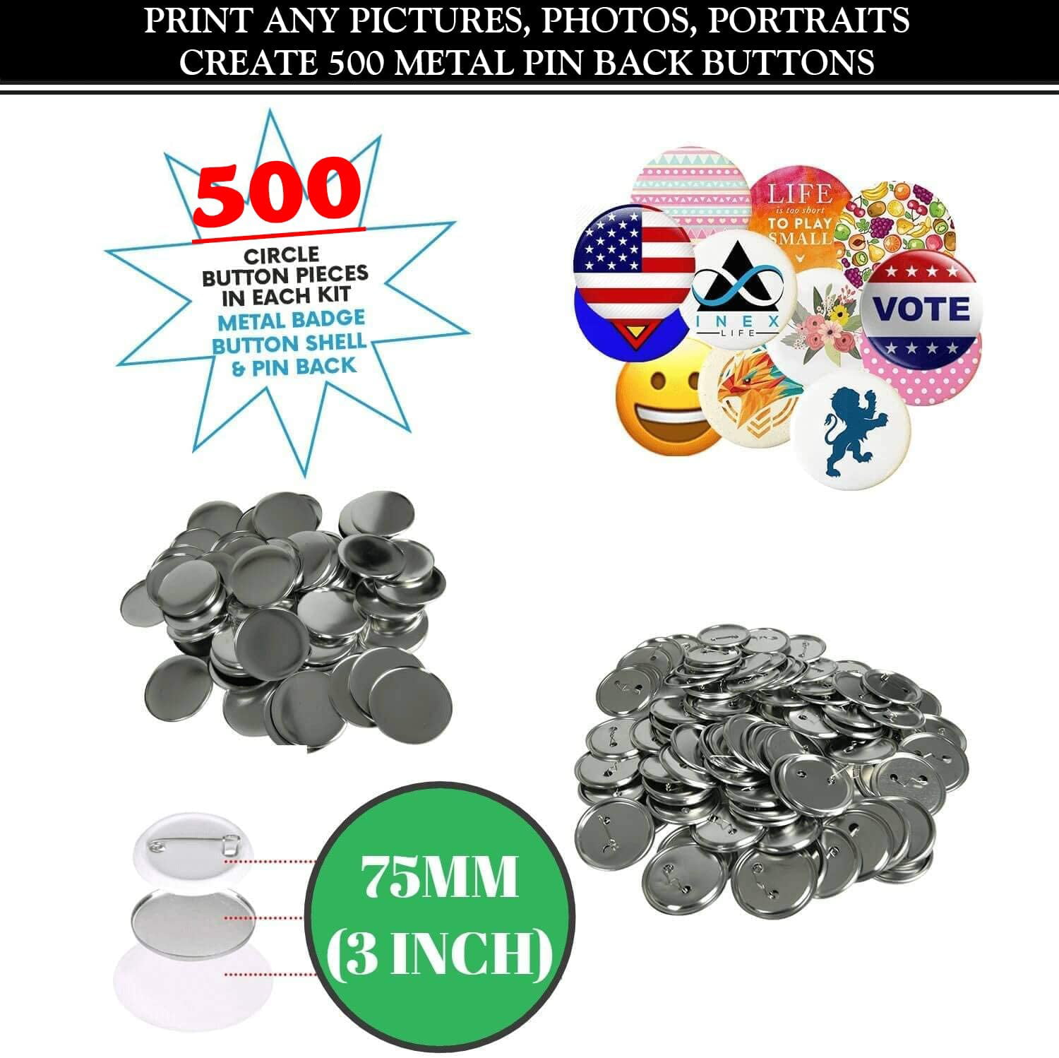 3 inch Round Button Blank Parts (500 pcs)