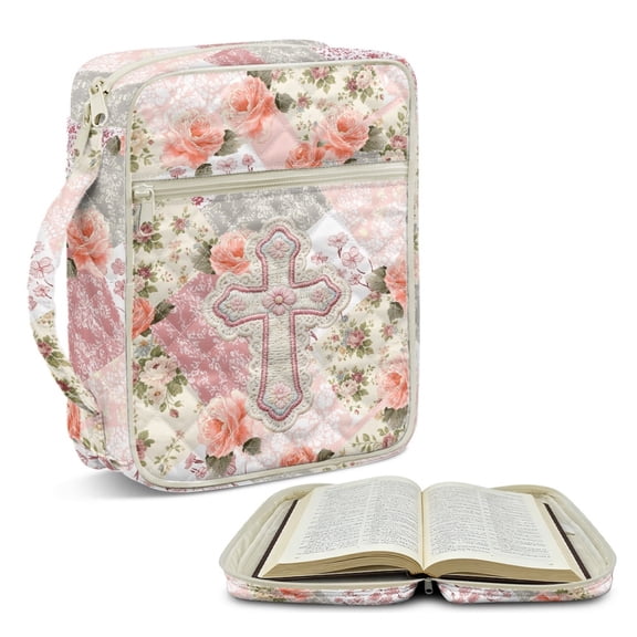 ZUXONGSY Pink Cross Rose Print Quilted Bible Cover Case for Women Portable Bible Bag Multifunctional Christian Gift with Pen Holder Handbag for Essentials