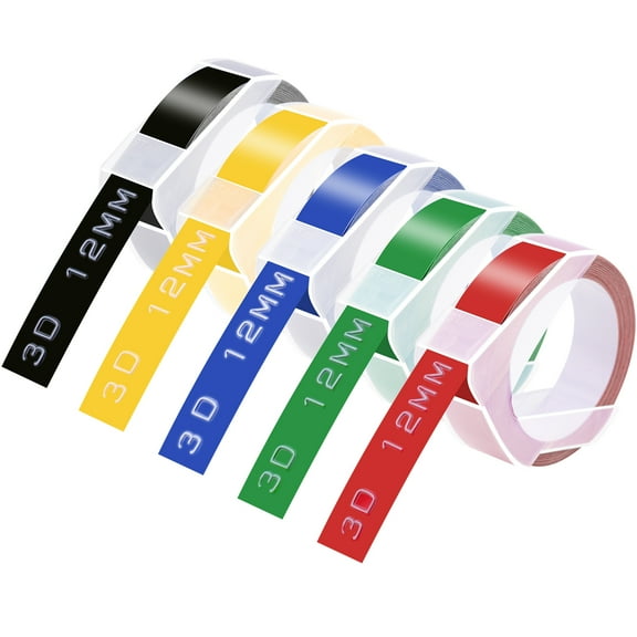 GREENCYCLE 5PK Compatible for Dymo 3D Plastic Embossing White on Red/Green/Blue/Yellow/Black Label Tape Set 12mm 1/2'' x 9.8' for Organizer Xpress,Office Matte II, Magazine Maker,Motex Label Maker