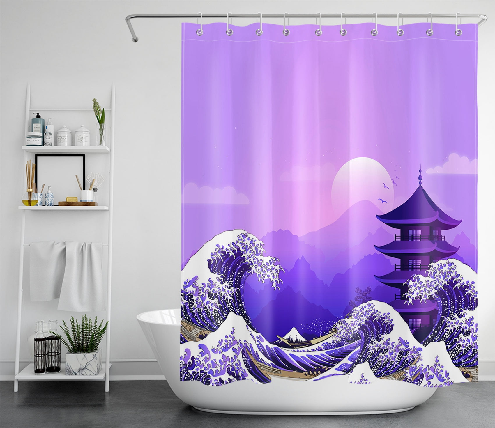 HVEST Japanese Wave Shower Curtain Decor, Sailboat Sunset and Five Storied Pagoda in the Waves Shower Curtain Nautical Surfing Theme Bathroom Polyester Fabric Decorative Curtain with Hooks, 60X72