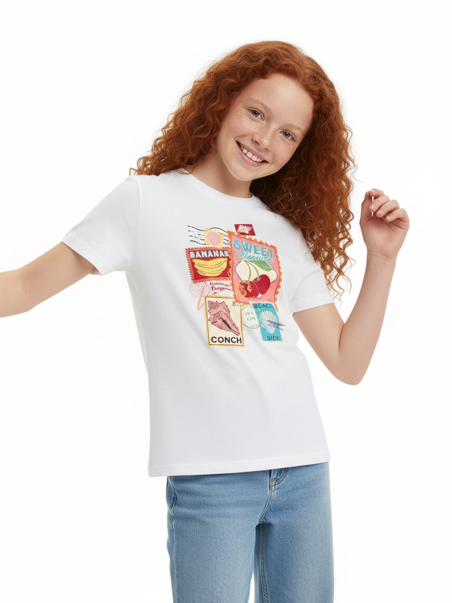 Wonder Nation Girls Vintage Stamps Graphic Tee with Short Sleeves, Sizes 4-18