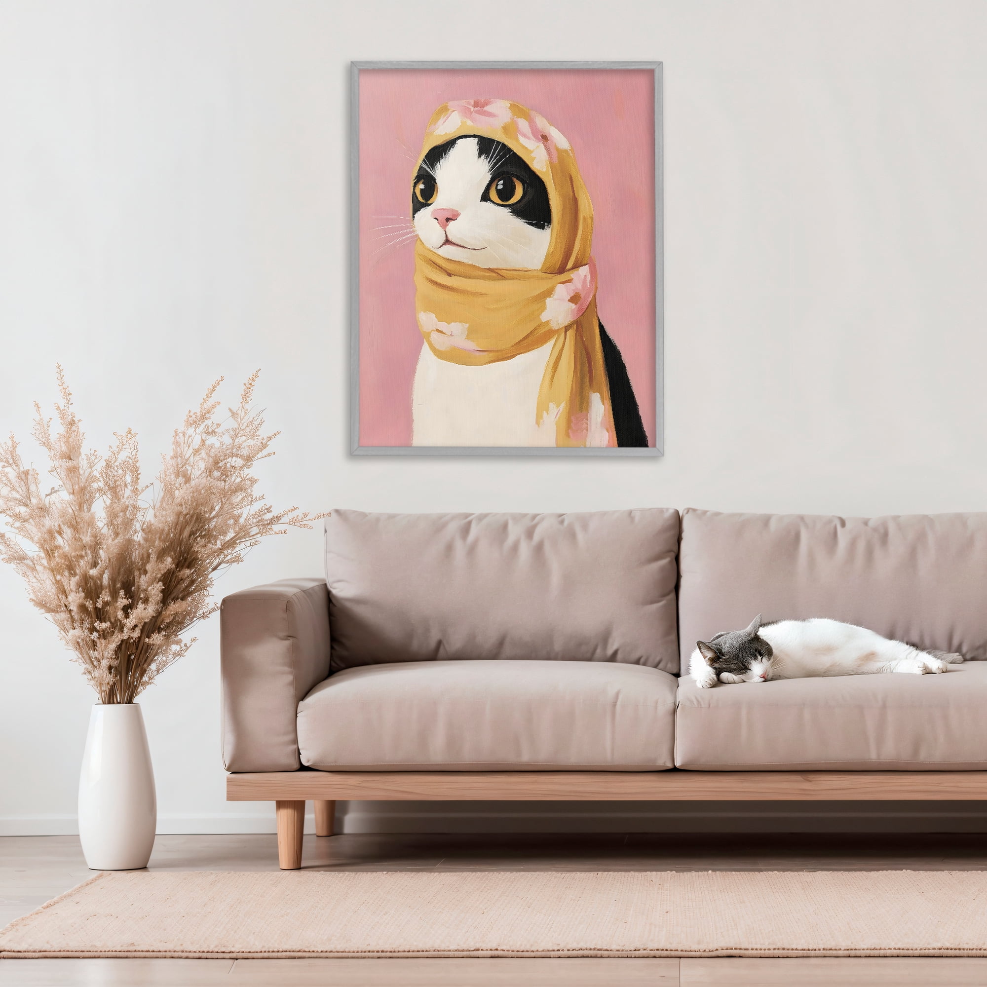 Stupell Industries Cat Babushka in Yellow Scarf Gray Framed Giclee Art, design by The Prints Vibe