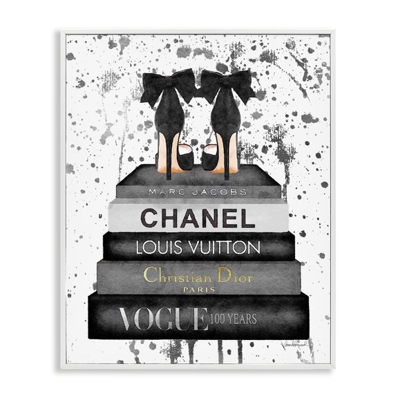 Stupell Industries Glam Fashion Book Stack Grey Bow Pump Heels Ink, 24 x 30,Design by Amanda Greenwood