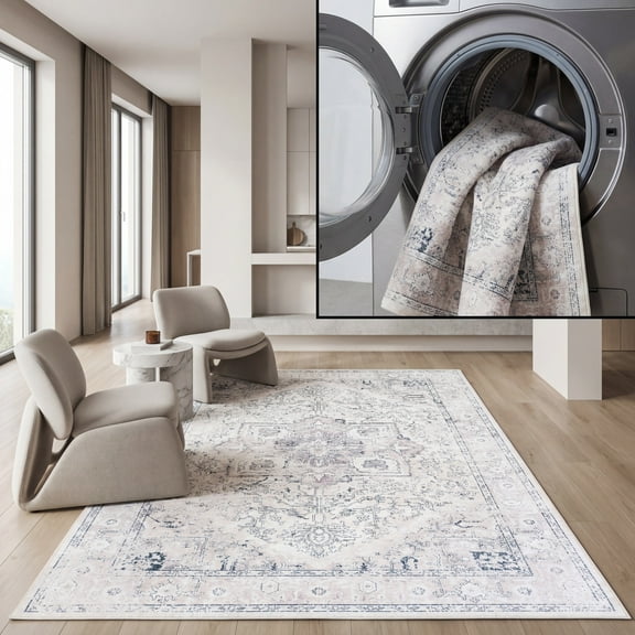 SAFAVIEH Orlando Tokora Medallion Machine Washable Area Rug, Beige/Grey, 4' x 6'