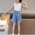 thumbnail image 4 of Kids Lightweight Tencel Jean Shorts, Elastic Waist Bow Accent Casual Shorts for Summer Vacation and Casual Outings Light Blue 140, 4 of 9