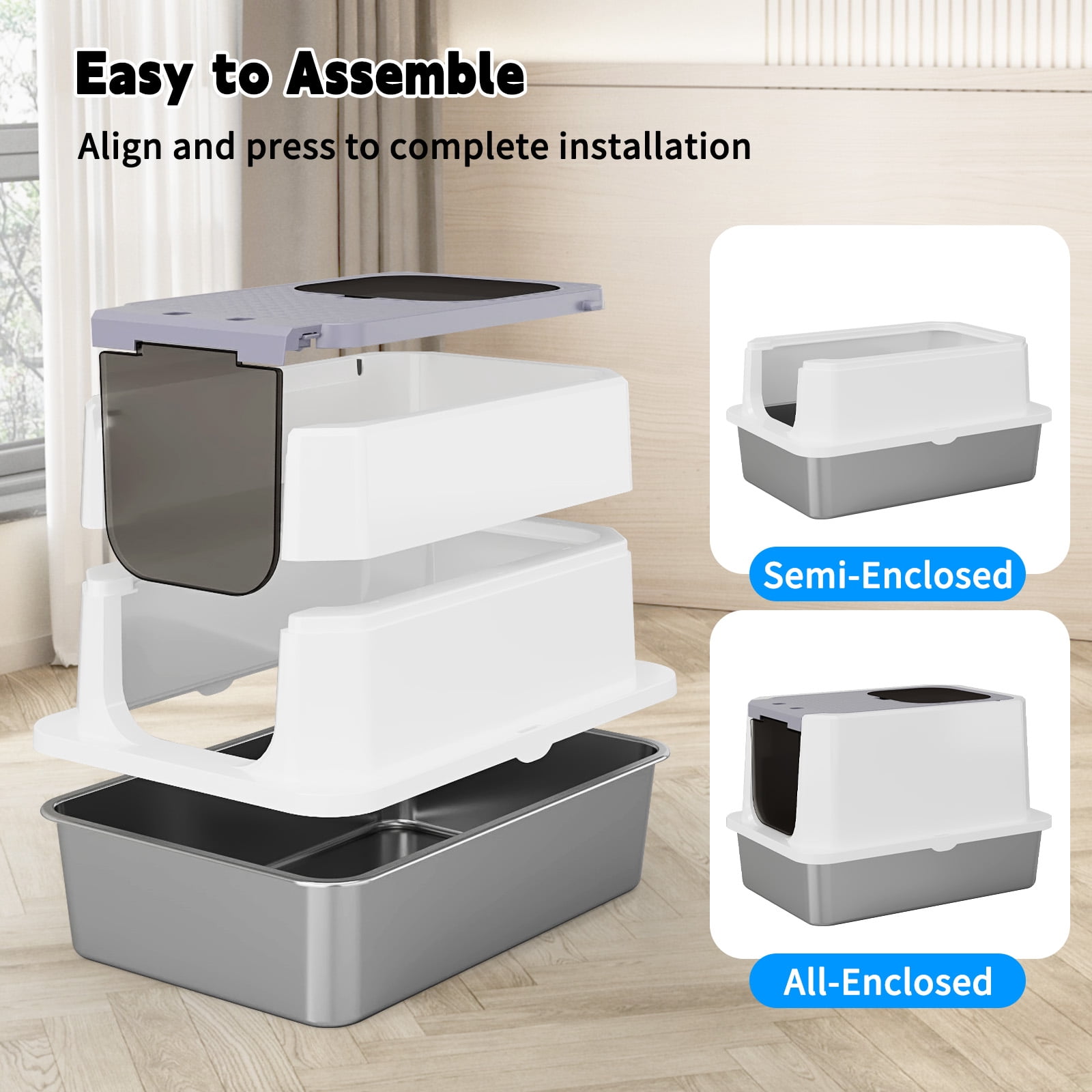 RIZZARI Enclosed Cat Litter Box: Large Top & Front Entry - High-Sided Anti-Scatter Design - Stainless Steel Odor Control - Easy Clean Teflon Non-Stick Coating- Gray Litter Pan - Entryway/Closet Nook