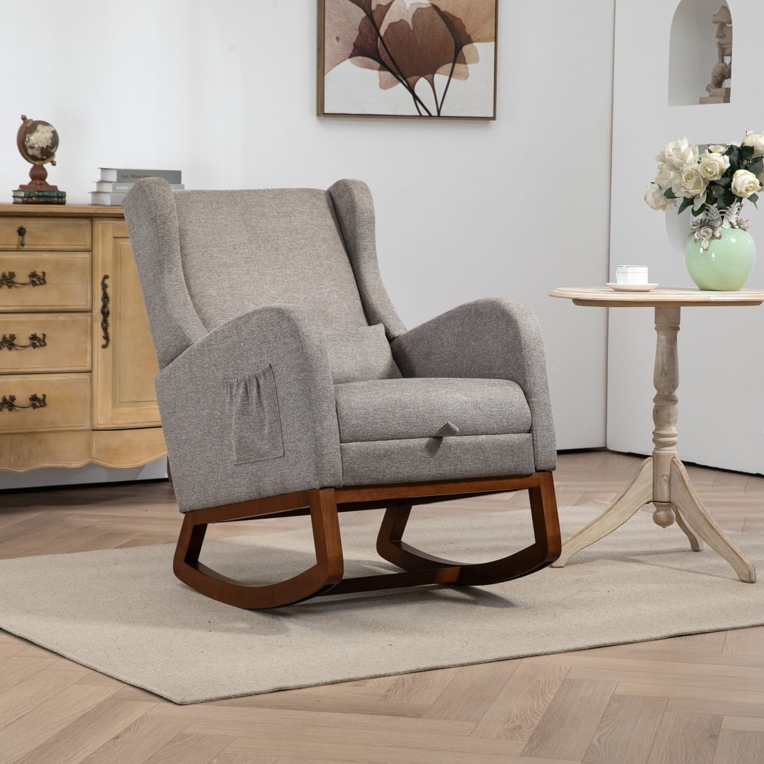 Modern Rocking Chair for Nursery, Mid-Century Design with Retractable Footrest & Side Pocket Storage, Wooden Frame Upholstered Wingback Glider for Living Room & Baby Room Use, Taupe Color