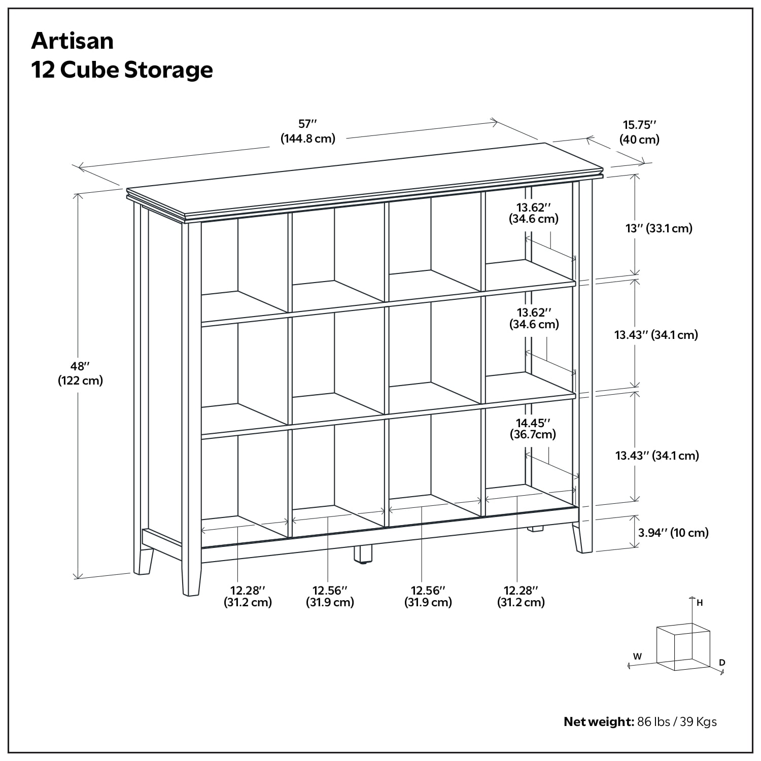 Simpli Home Artisan 48 inch x 57 inch Solid Wood Transitional 12 Cube Storage in Black