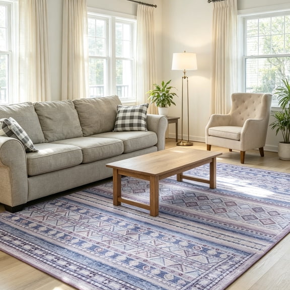 Jamfeel Washable Area Rugs Non-slip Printed Boho Area Rug for Living Room Soft Low Pile Carpet Home Decor 4'x6' Blue and Purple