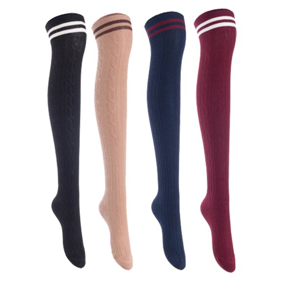 Lian Lifestyle Women's 4 Pairs Incredible Durable Super Soft Unique Over Knee High Thigh High Cotton Socks, Size US 6-9, JMYP1023 Black, Khaki, Navy, Wine
