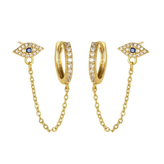 Dainty CZ Evil Eye Stud Earrings Chain Tassel Dangle Huggie Hoops for Women Cubic Zirconia Cartilage Climber Crawler Drop Earring