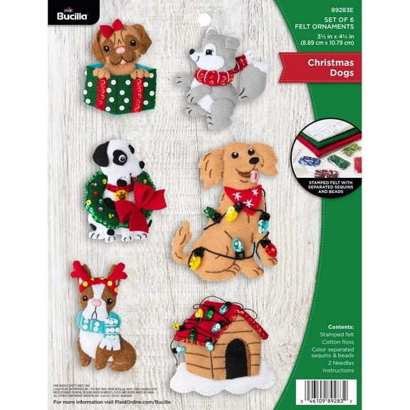 Bucilla Felt Applique DIY Christmas Ornament Kit, Christmas Dogs, Set of 6