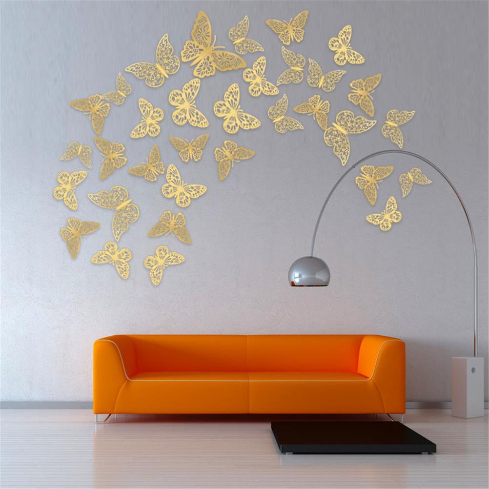 36Pcs 3D Gold Butterfly Wall Décor 3 Sizes Butterfly Paper Stickers Hollow Butterfly Party Cake