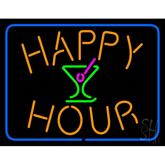 Happy Hour with Martini Glass LED Neon Sign 15 x 19 - inches, Clear Edge Cut Acrylic Backing, with Dimmer - Bright and Premium built indoor LED Neon Sign for Bar decor.
