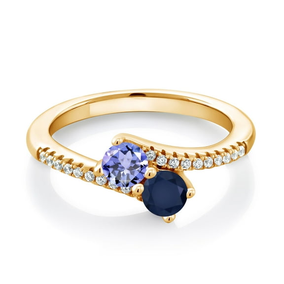 Gem Stone King 18K Yellow Gold Plated Silver Blue Tanzanite and Blue Sapphire Bypass Ring for Women (0.89 Cttw, Gemstone December Birthstone, Round 4MM, Size 5)