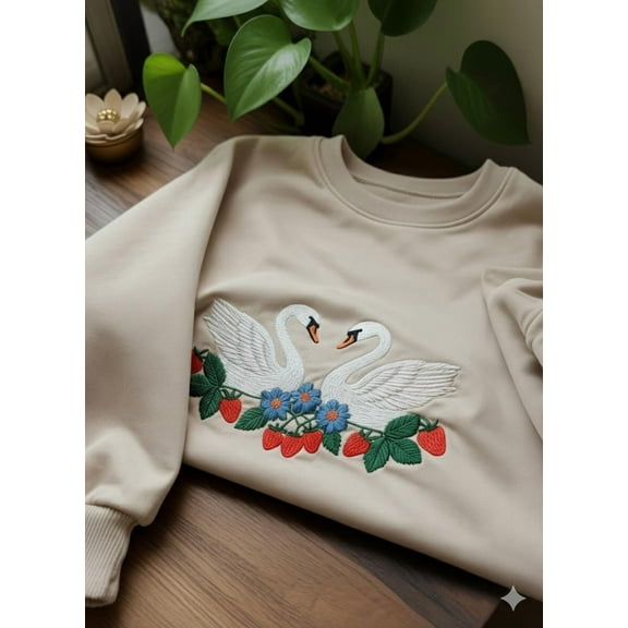 Strawberry Duck Embroidered Sweatshirt, Cute Cottagecore Crewneck, Adorable Duck Lover Embroidery Gift