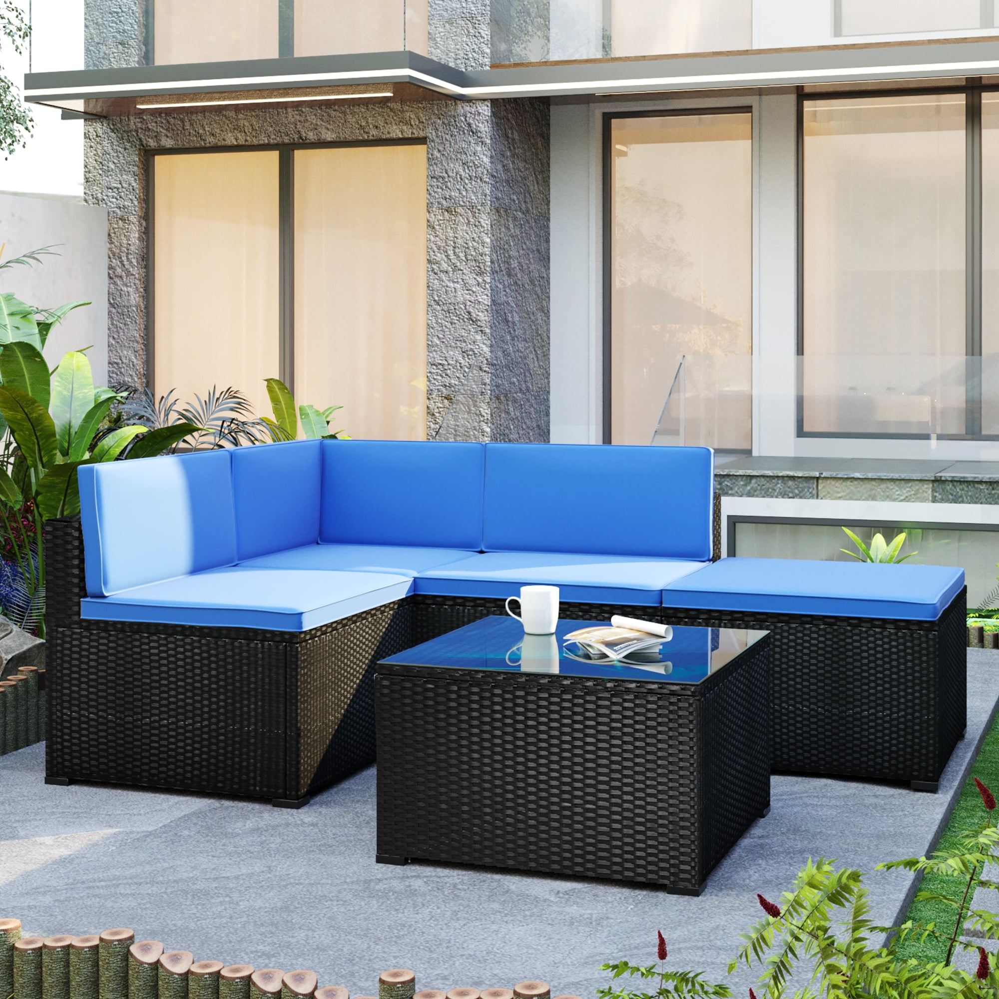 Outdoor Patio Furniture Sets, 5 Piece Black Ratten Wicker Sectional