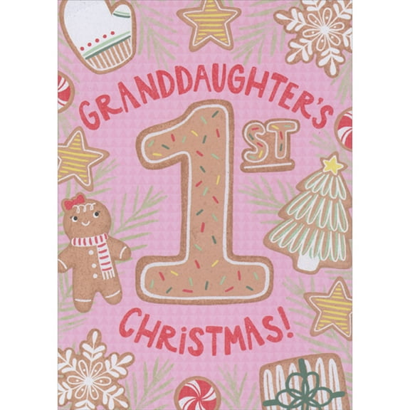Designer Greetings Frosted Gingerbread Cookies on Pink Background First / 1st Christmas Card for Baby Granddaughter