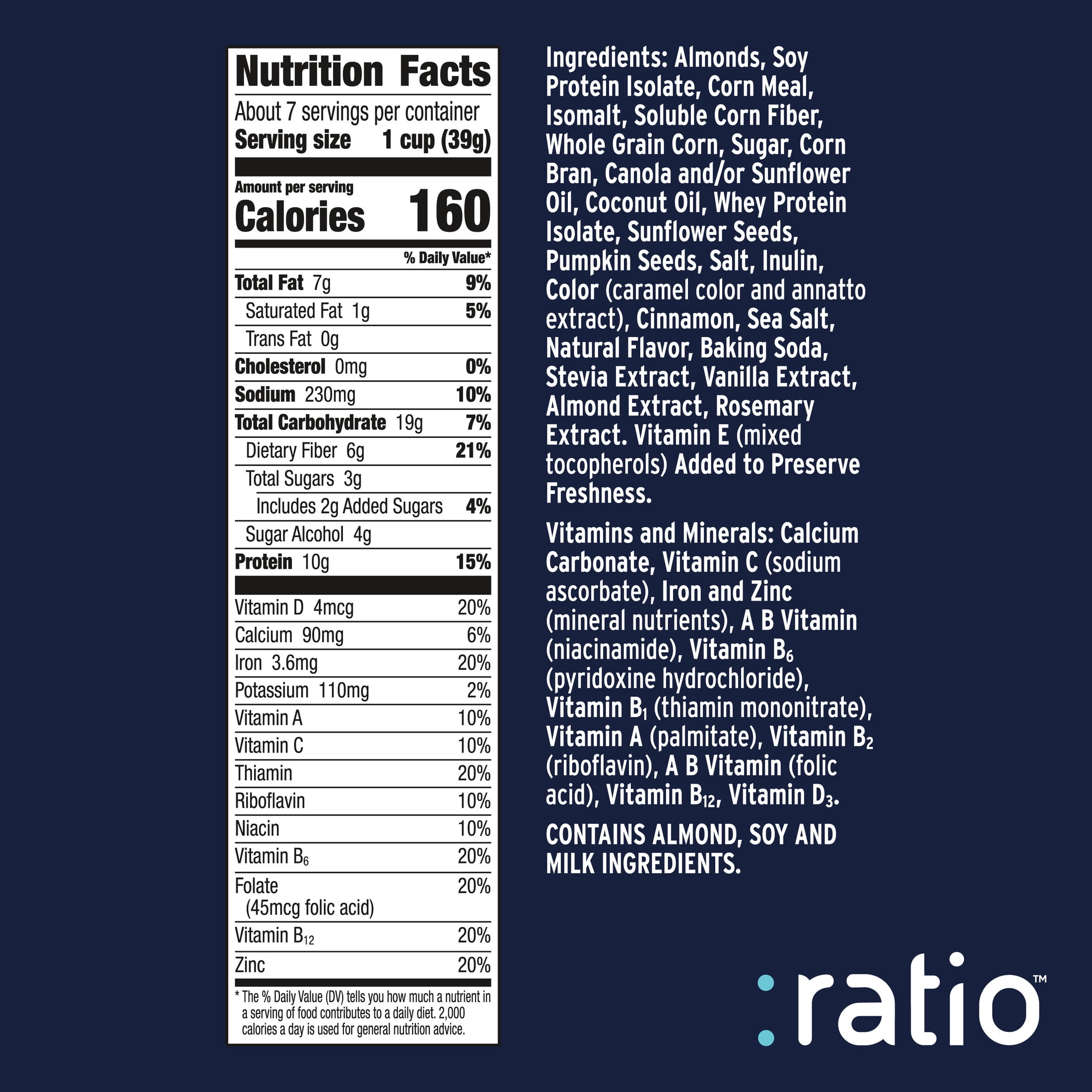 Ratio Trio Vanilla Almond Crunch Cereal, 10g Protein, Keto Friendly, 10.4 oz