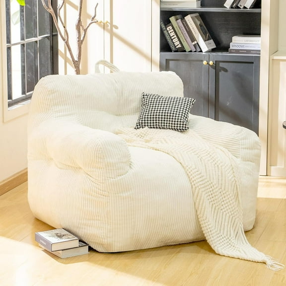 LinkRomat 40" Bean Bag Chair for Adults - Faux Fur, Fluffy and Comfy with Filler, Relaxing Sofa, Big Bean Bag for Reading (Beige, Oversize)