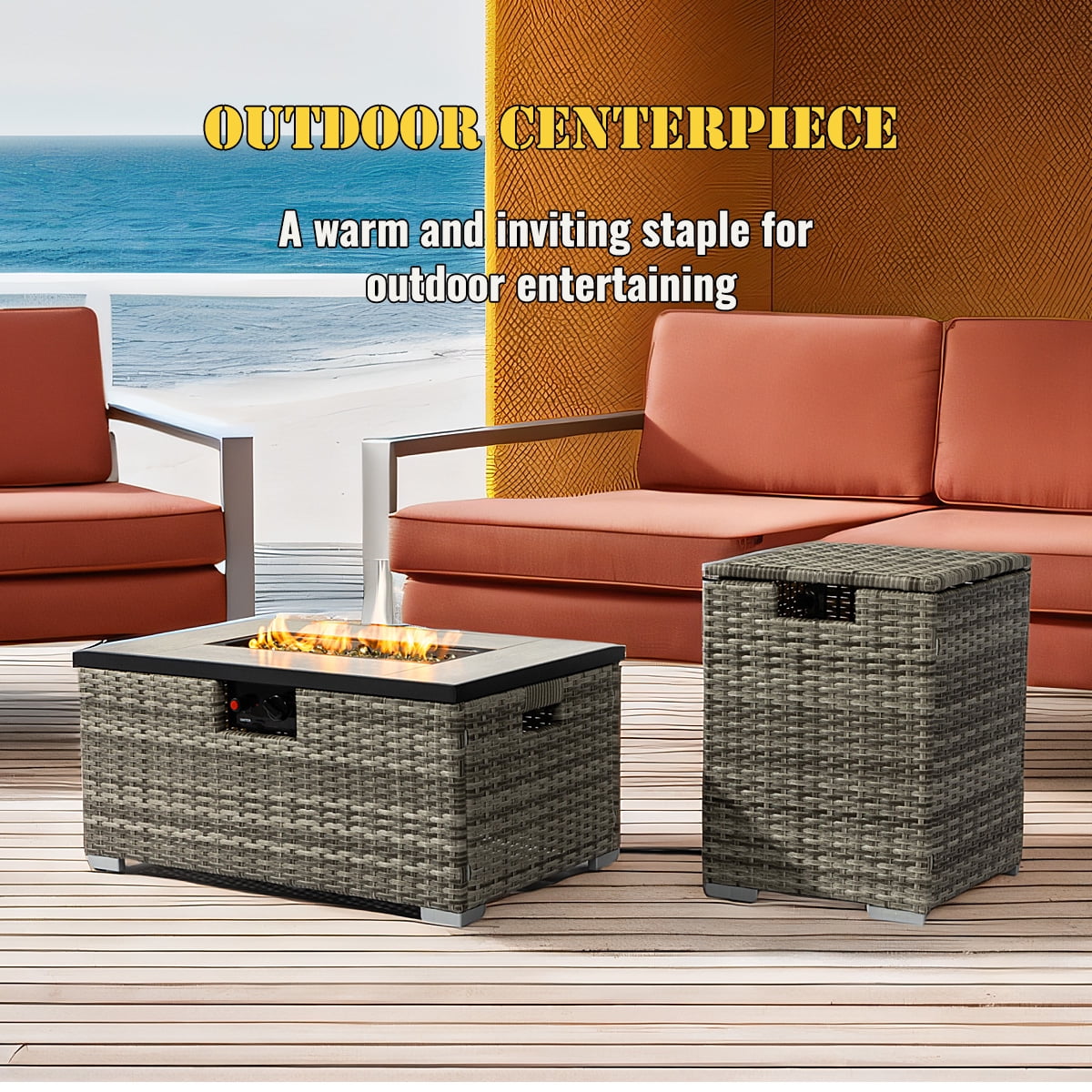 AJ Enjoy 32'' Propane Fire Pit Table, Marble Textured Ceramic Tabletop, 50,000 BTU Fire Table with Gray Wicker, Mix Color Glass Rocks, Including Lid&Cover