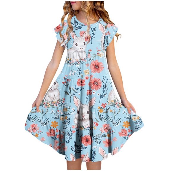 WQNVRNR Girls Easter Dress- Flutter Sleeve Short Sleeve Cute Summer Dress with Pocket Multicolor Size 8